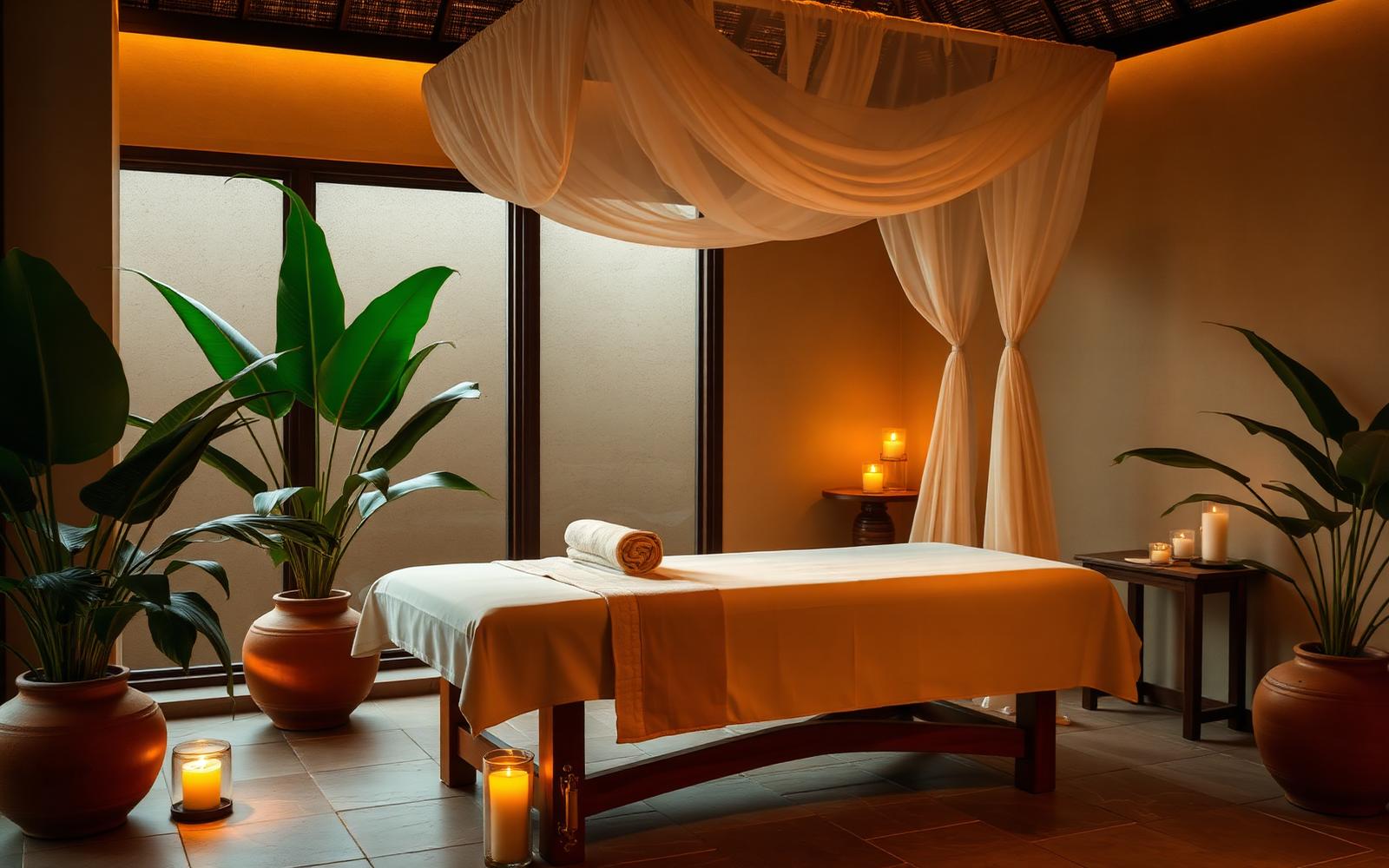 Balinese treatment room with canopy and candles